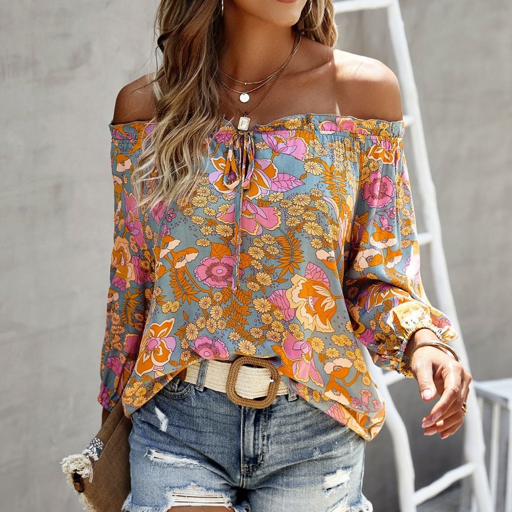 New Floral Print Off Shoulder Lantern Sleeve Knot Front Blouse